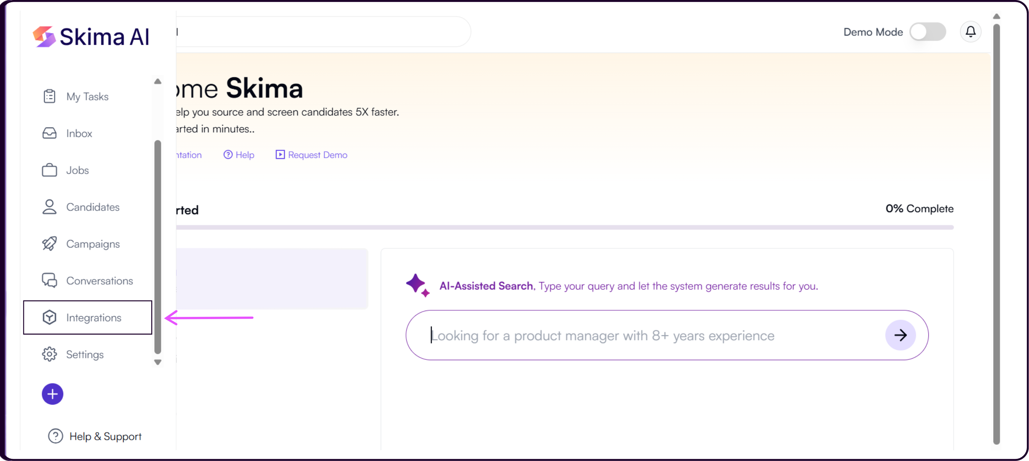 Skima AI left sidebar showing the Integrations navigation option