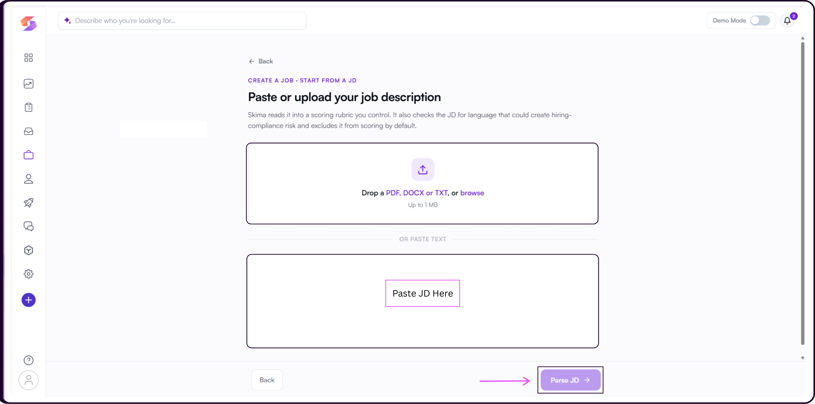 Brief Skima like you'd brief a colleague screen with an input field for describing the role