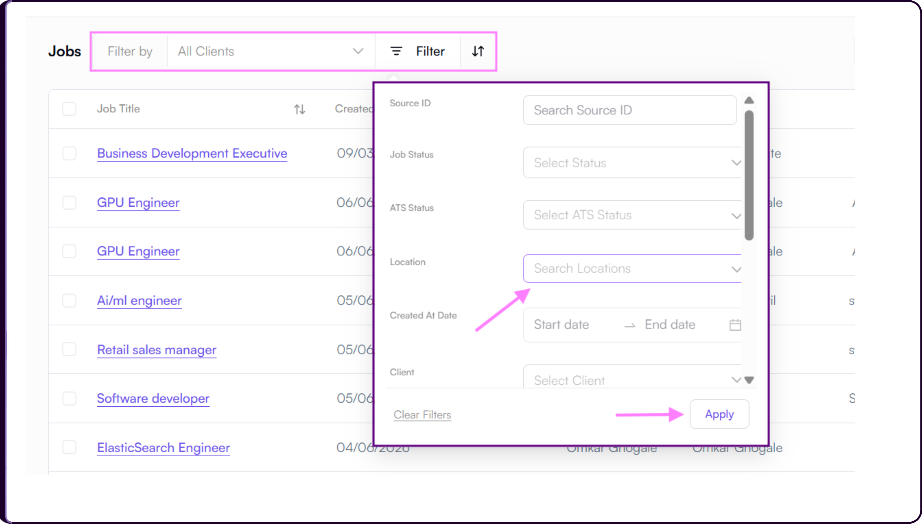 Jobs page filter bar showing Source ID, Job Status, ATS Status, Location, Created Date Range, Client, Primary Recruiter, and other filter options