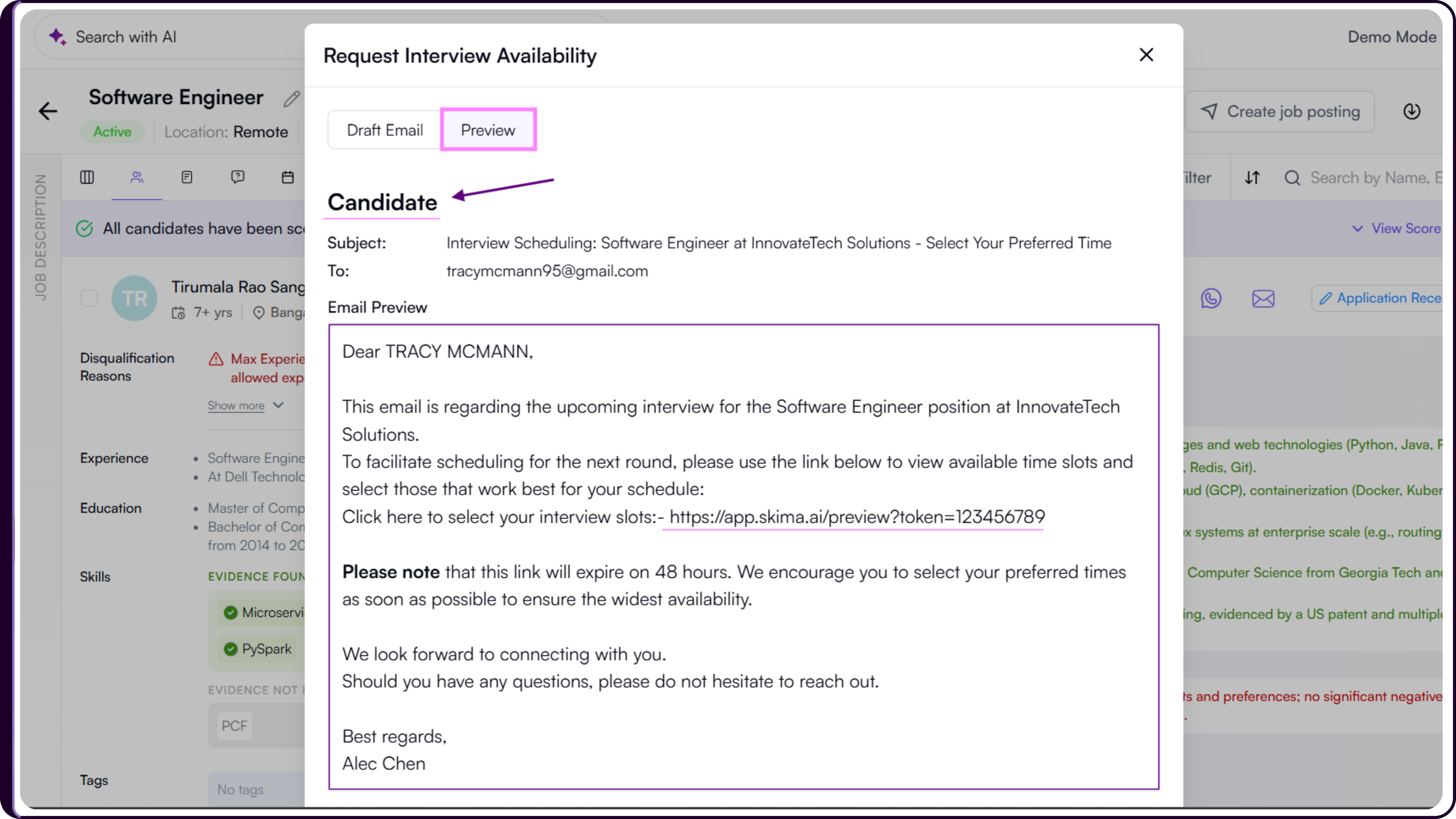 Request Interview Availability Preview tab showing the candidate email with subject, recipient, scheduling link, and rendered dynamic variables