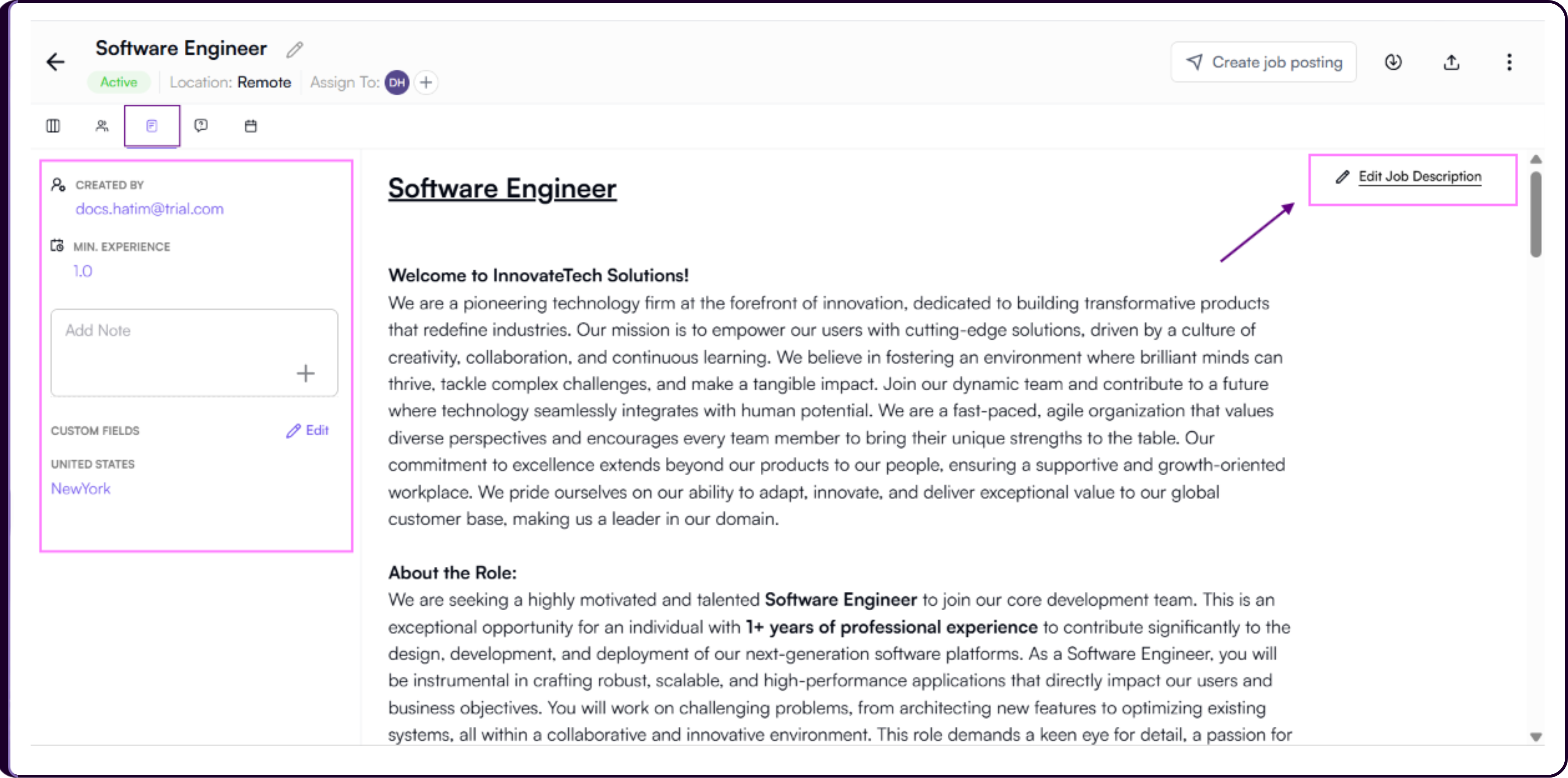 View JD workspace showing the full Job Description used for candidate screening with minimum experience, Add Note, and Custom Fields controls on the left panel