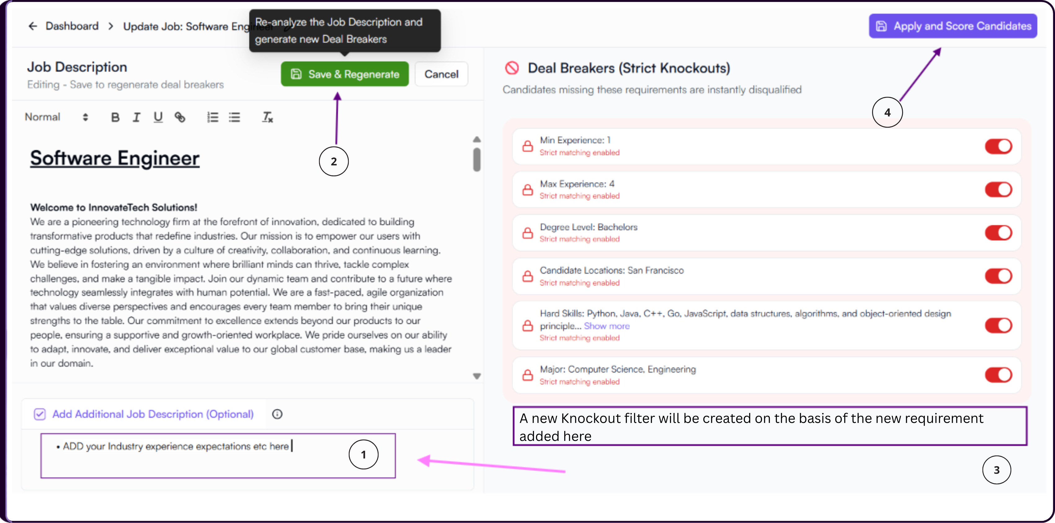 Edit Job Description interface showing the editable job description content with Save and Regenerate button for updating screening logic