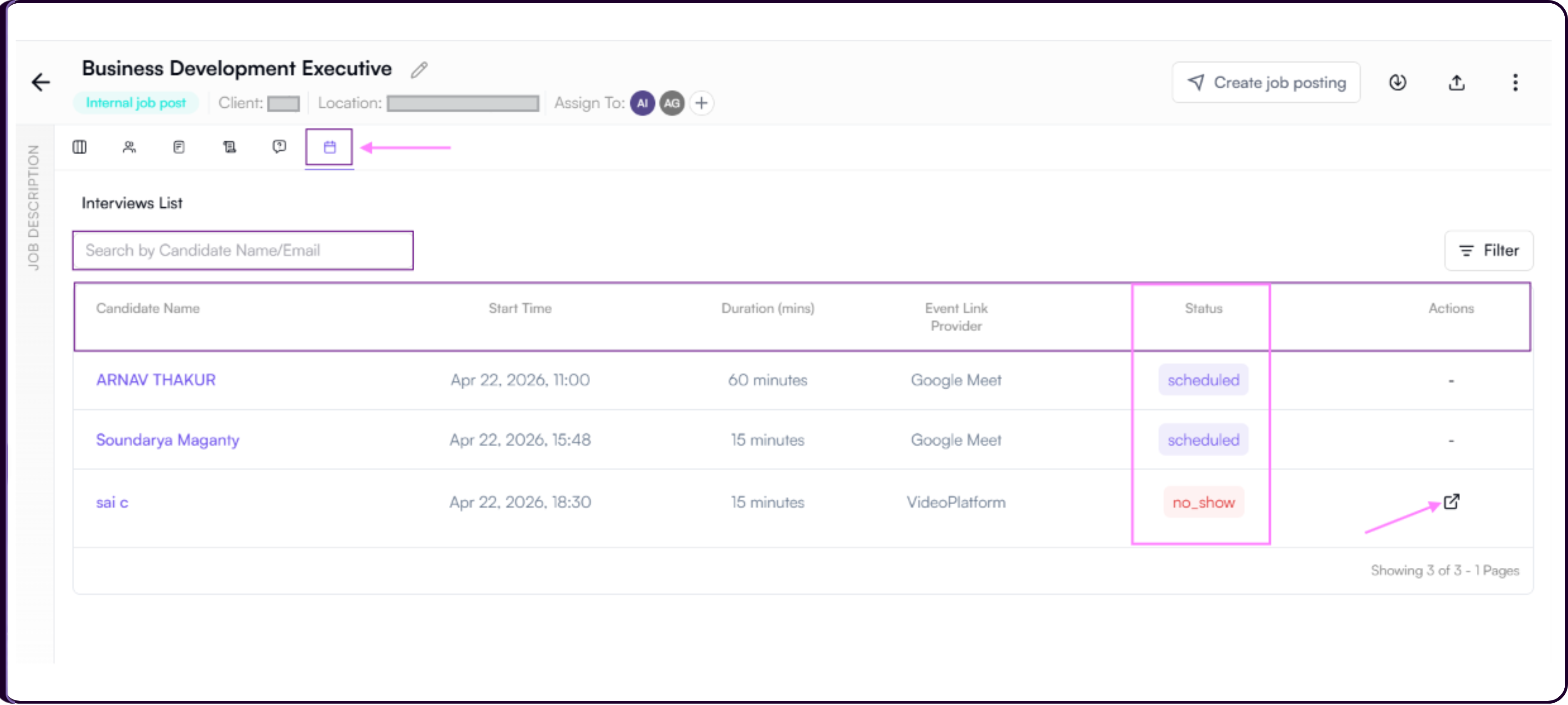 View Interviews table showing columns for Candidate Name, Start Time, Duration, Event Link Provider, Status, and Actions for all scheduled interviews