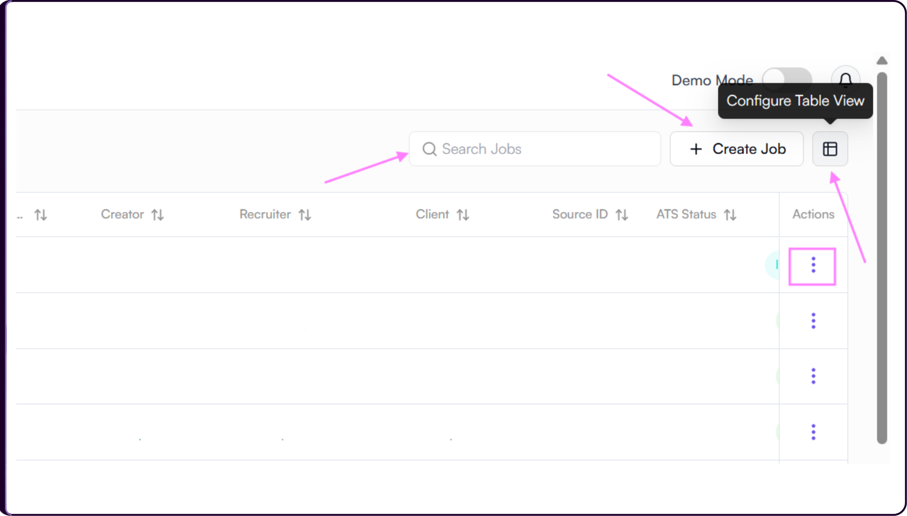 Jobs list page showing the Create Job button in the top-right area for starting a new role in Skima AI