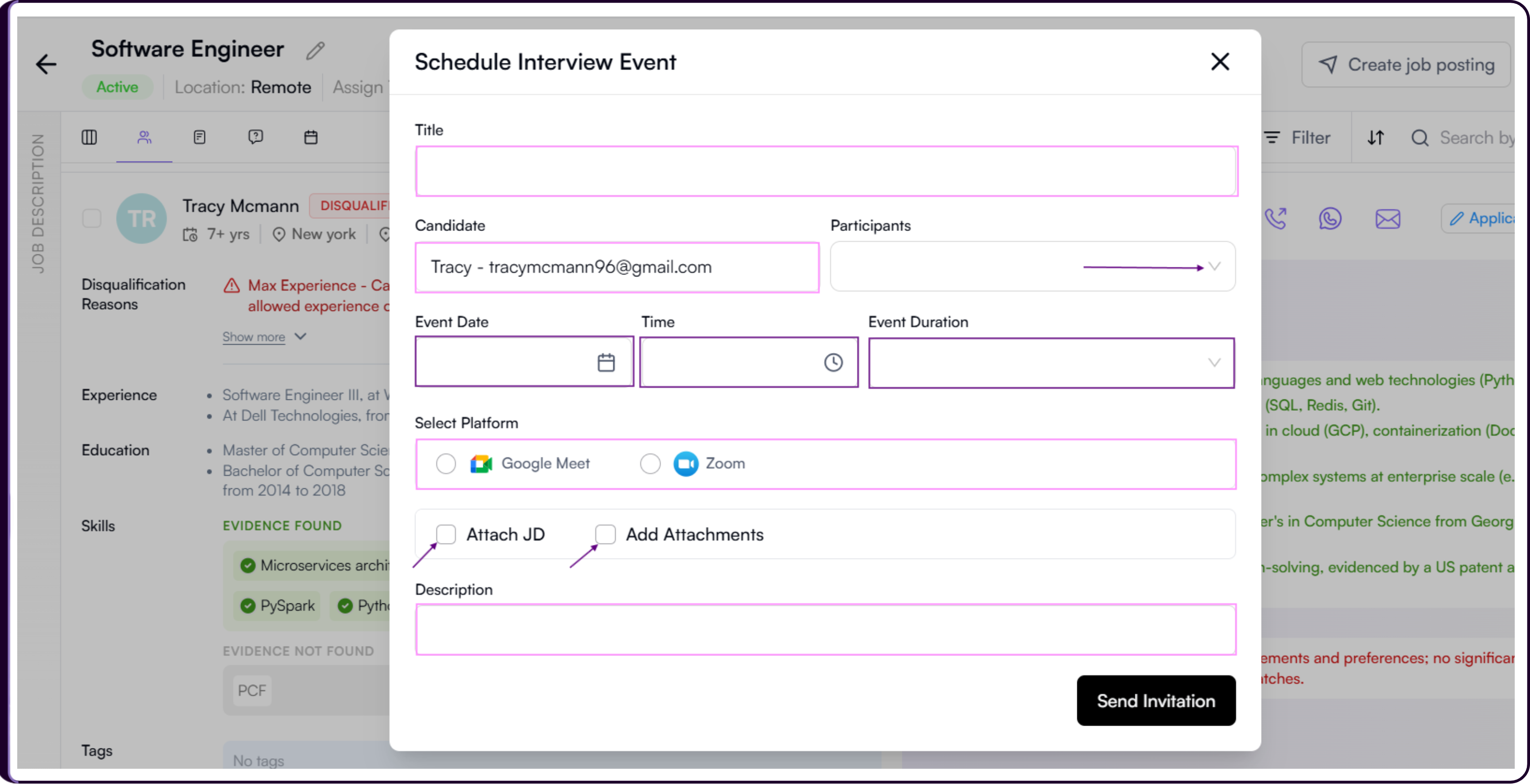 Schedule Interview Event modal with fields for interview title, candidate, participants, event date, time, duration, platform, attachments, and description
