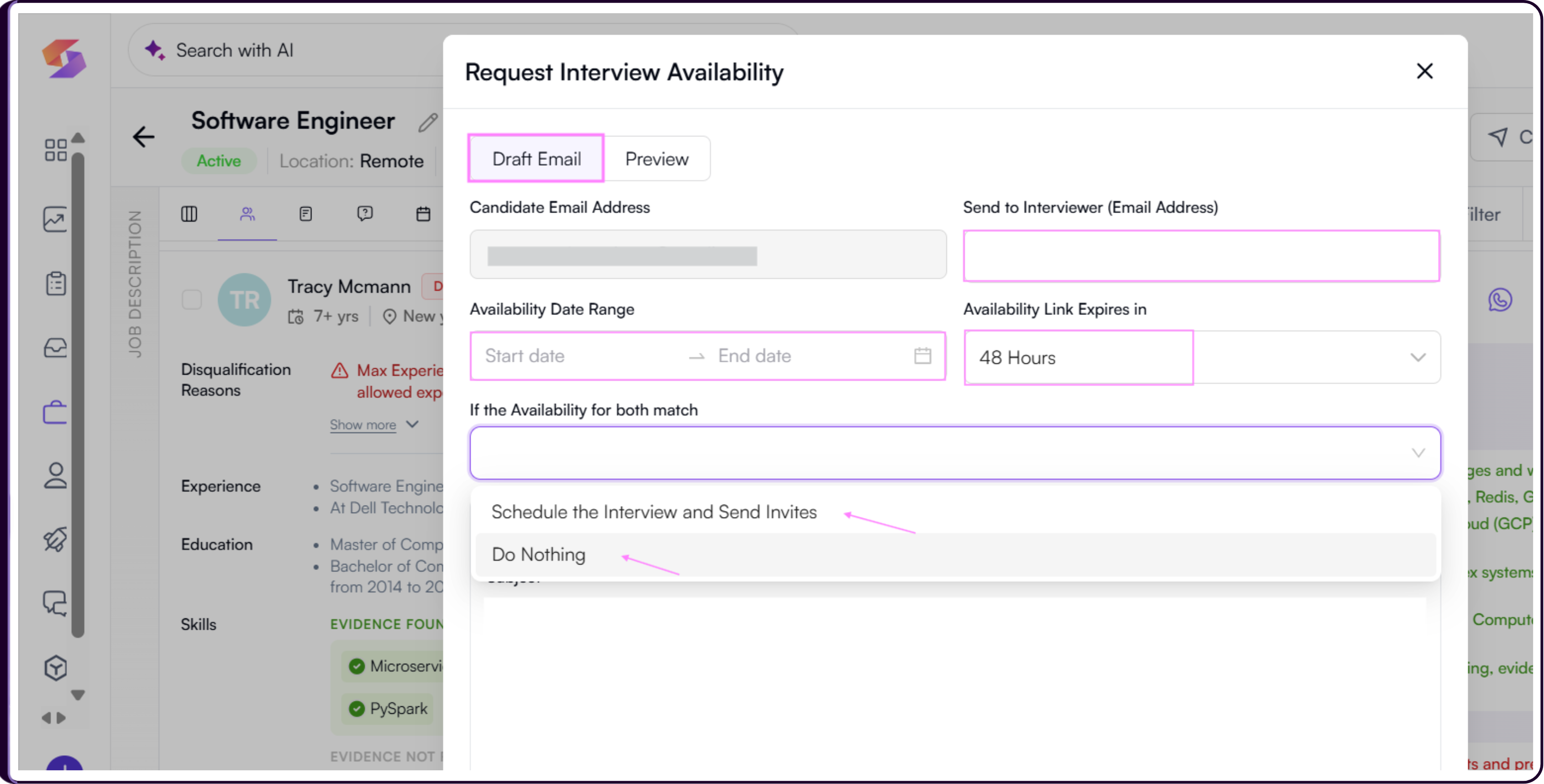 Request Interview Availability Draft Email tab showing candidate email, interviewer email, availability date range, and link expiry configuration fields