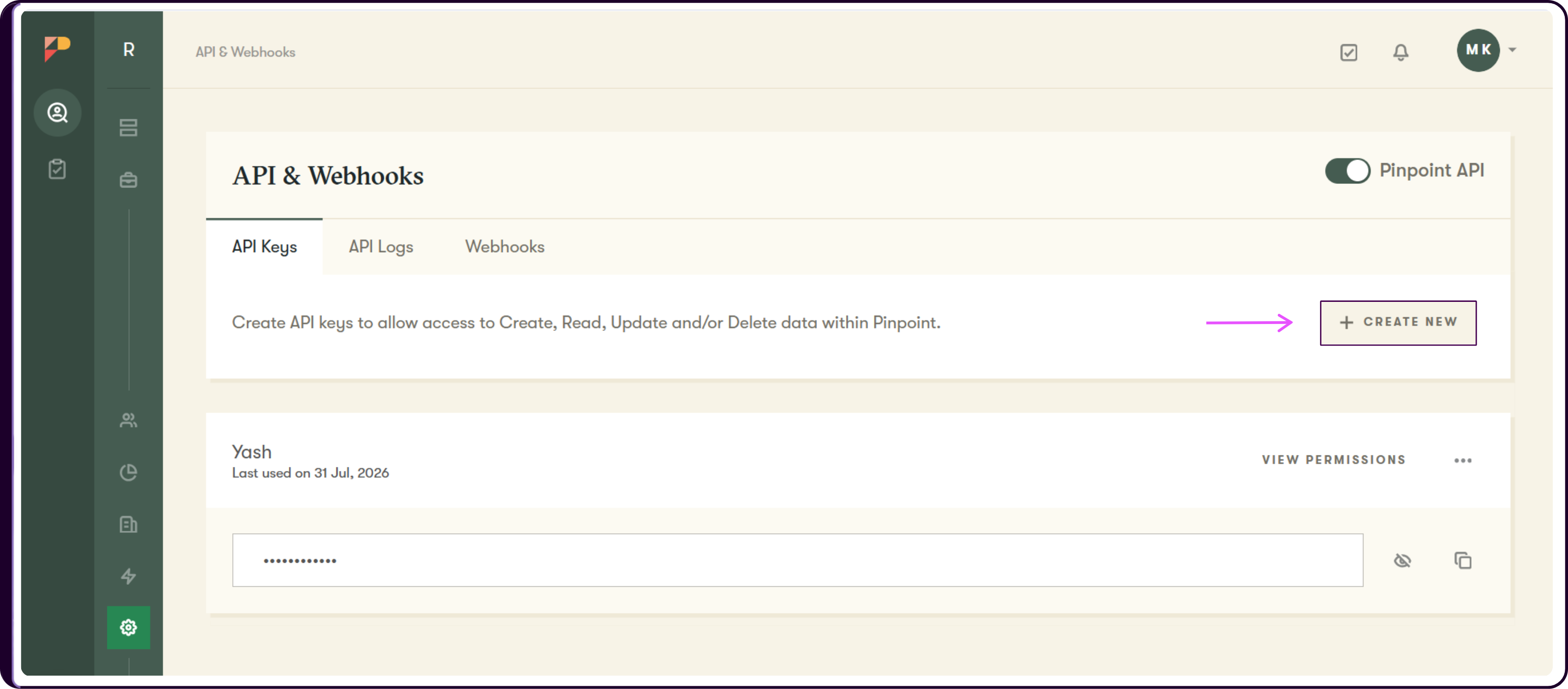 Pinpoint API & Webhooks settings page showing the Pinpoint API toggle enabled in the top right, API Keys tab selected, and the + Create New button