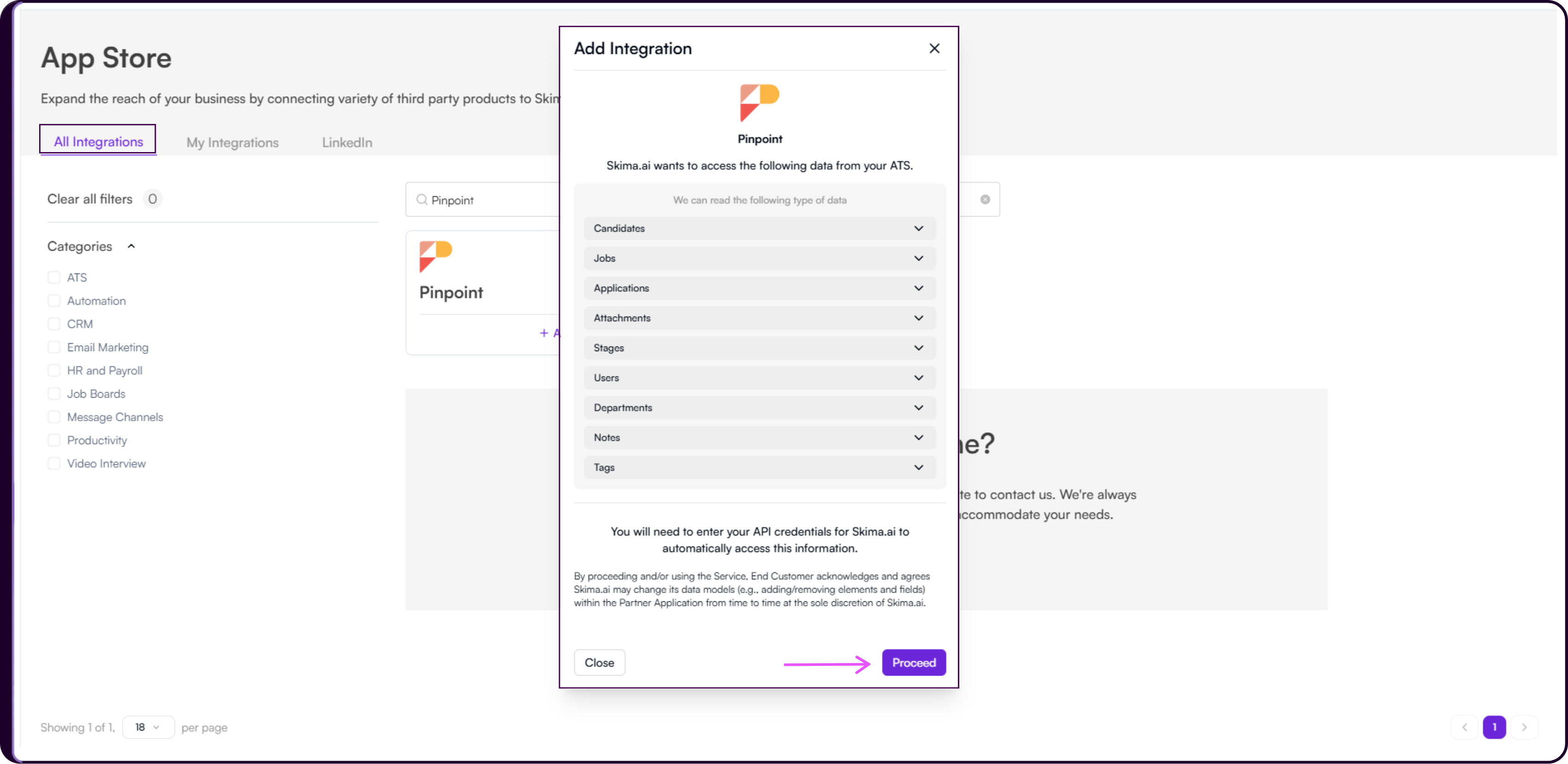 Add Integration modal listing Pinpoint data permissions including Candidates, Jobs, Applications, Attachments, Stages, Users, Departments, Notes, and Tags, with the Proceed button highlighted