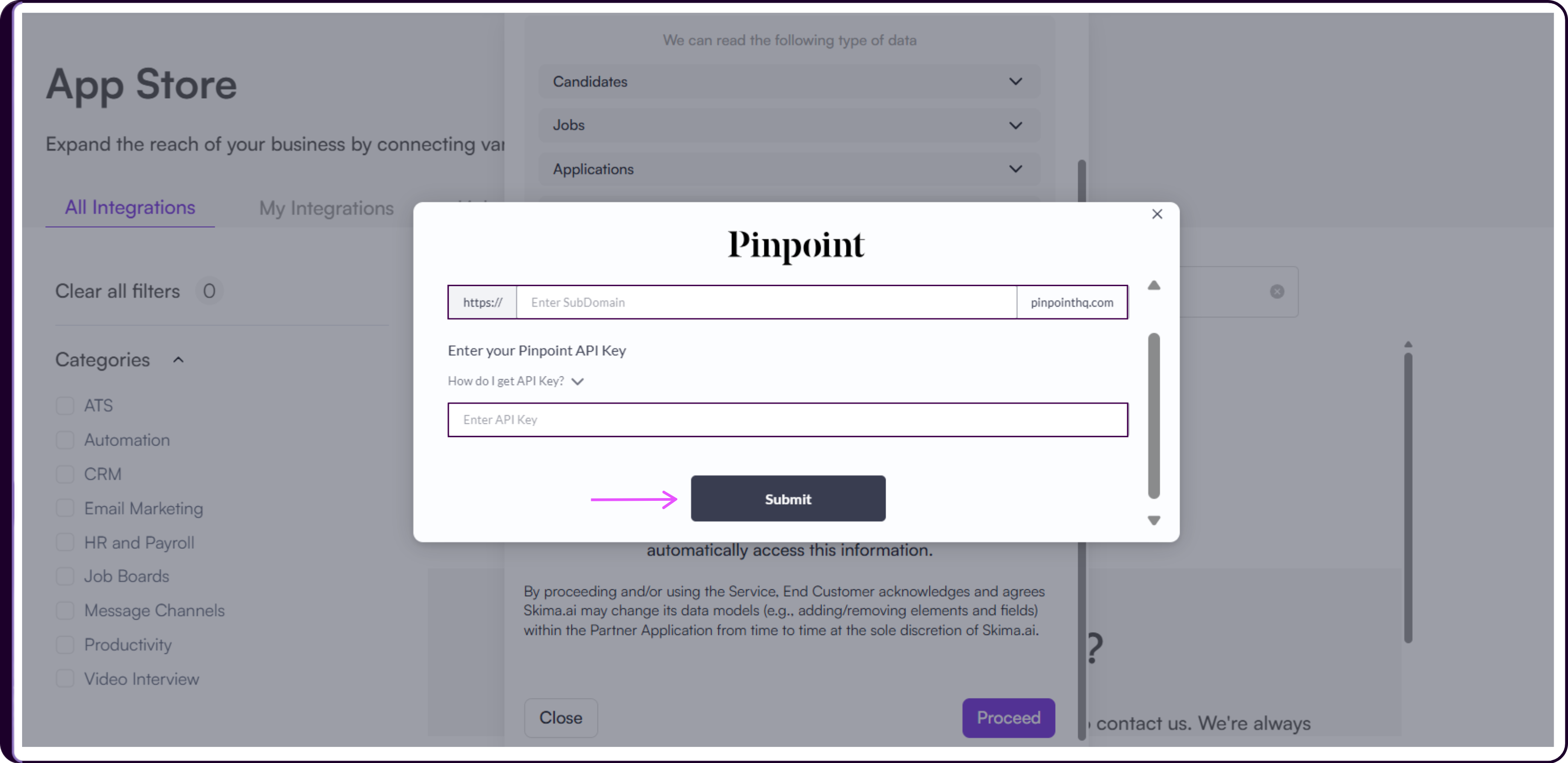 Pinpoint connection form in Skima AI showing the SubDomain field and API Key input with the Submit button highlighted