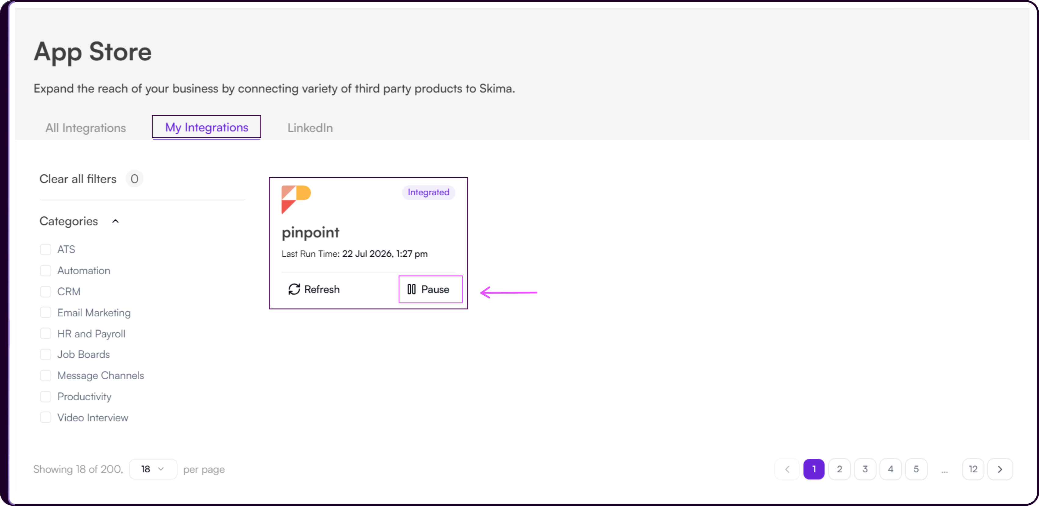 Skima AI My Integrations tab showing the Pinpoint card with the Pause button highlighted