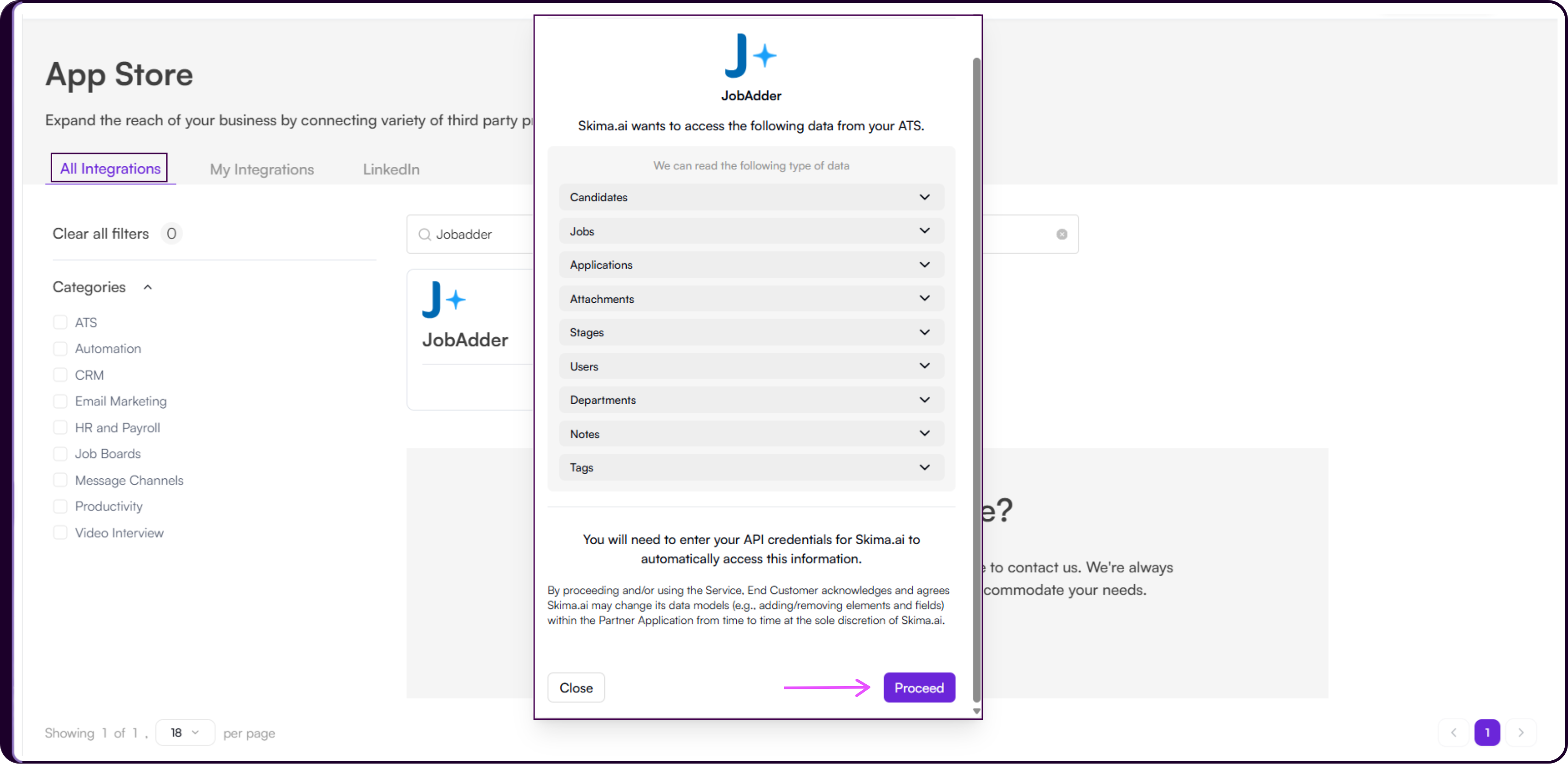 JobAdder permission request screen showing Candidates, Jobs, Applications, Attachments, Stages, Users, Departments, Notes, and Tags