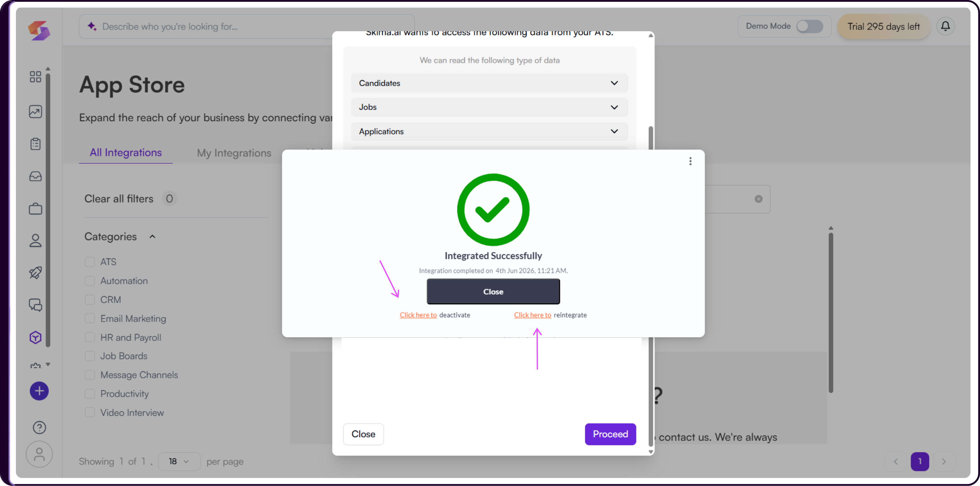 JobAdder integration card in Skima AI App Store ready for deactivation