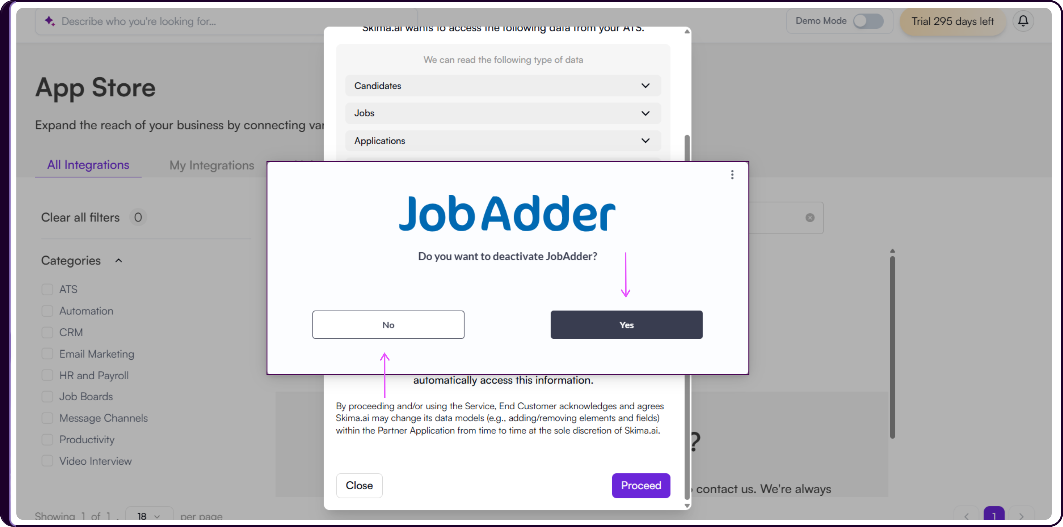 JobAdder deactivation confirmation dialog in Skima AI